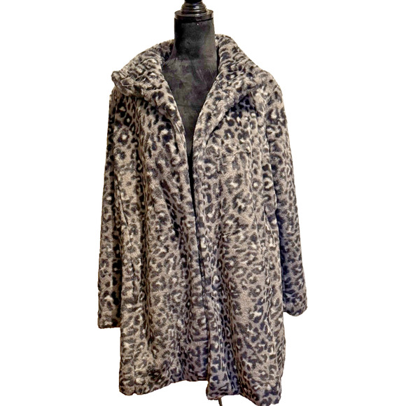 Snow Leopard Print Faux Fur Coat Jacket Mob Wife Glamour Rock Star - Picture 1 of 6